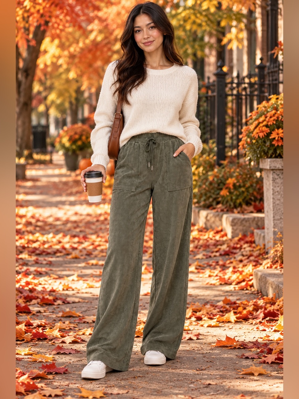 Cozy Olive Wide-Leg Drawstring Pants in Wide Wale Corduroy Size Small